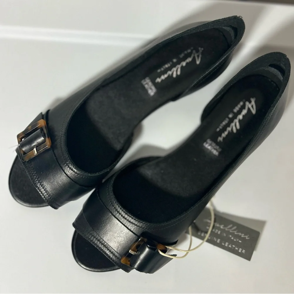 NEW Avellini Black Leather Open-Toe Flats with Buckle, Women’s Size 8 - Picture 4 of 9